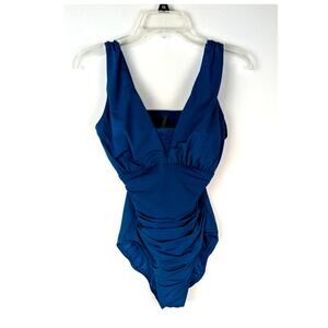 Lands' End SlenderSuit Wrap Ruched V-Neck One-Piece Swimsuit Teal 10 D Tummy